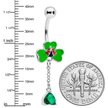 Load image into Gallery viewer, Green Gem Shamrock Ladybug St Patricks Dangle Belly Ring
