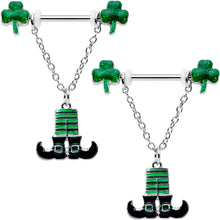 Load image into Gallery viewer, 14G 11/16 Leprechaun Legs Shamrock Chain Dangle Nipple Ring Set
