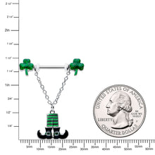 Load image into Gallery viewer, 14G 11/16 Leprechaun Legs Shamrock Chain Dangle Nipple Ring Set

