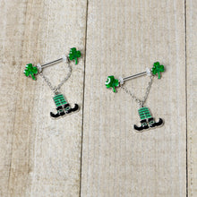 Load image into Gallery viewer, 14G 11/16 Leprechaun Legs Shamrock Chain Dangle Nipple Ring Set
