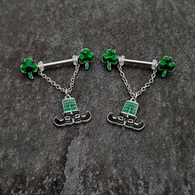 Load image into Gallery viewer, 14G 11/16 Leprechaun Legs Shamrock Chain Dangle Nipple Ring Set
