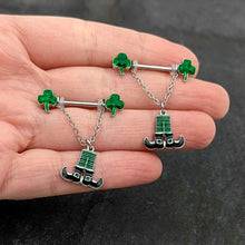 Load image into Gallery viewer, 14G 11/16 Leprechaun Legs Shamrock Chain Dangle Nipple Ring Set

