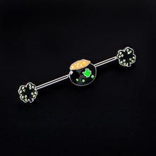 Load image into Gallery viewer, 14G Green Gem Shamrock Pot of Gold Industrial Barbell 38mm

