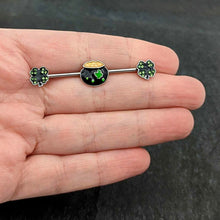 Load image into Gallery viewer, 14G Green Gem Shamrock Pot of Gold Industrial Barbell 38mm
