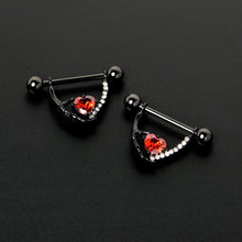 Load image into Gallery viewer, 14G 11/16 Red Clear CZ Gem Heart Claw Hand Dangle Nipple Ring Set
