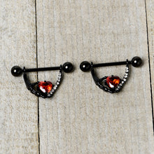Load image into Gallery viewer, 14G 11/16 Red Clear CZ Gem Heart Claw Hand Dangle Nipple Ring Set
