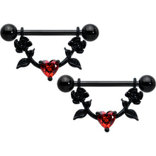 Load image into Gallery viewer, 14G 11/16 Red CZ Gem Black Heart Flower Dangle Nipple Ring Set
