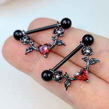 Load image into Gallery viewer, 14G 11/16 Red CZ Gem Black Heart Flower Dangle Nipple Ring Set

