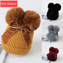 Load image into Gallery viewer, Baby Double Pompom Knitted Hat For Baby Girl Warm Thicker Children Infant Beanie Cap In elegant Winter Modern Deisgn With Big Bow
