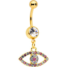Load image into Gallery viewer, Pink Clear Gem Gold Tone Wide Eye Dangle Belly Ring
