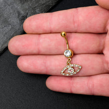 Load image into Gallery viewer, Pink Clear Gem Gold Tone Wide Eye Dangle Belly Ring
