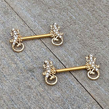 Load image into Gallery viewer, 14G 9/16 Clear Gem Gold Hue Luscious Lizard Barbell Nipple Ring Set
