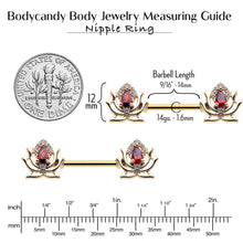 Load image into Gallery viewer, 14G 9/16 Red Gem Gold Tone Royal Lotus Barbell Nipple Ring Set
