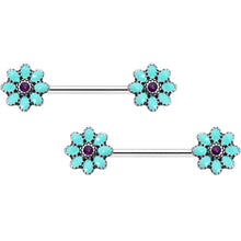 Load image into Gallery viewer, 14G 9/16 Blue Faux Opal Flower Teal Petals Barbell Nipple Ring Set
