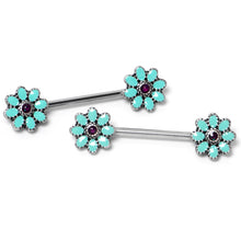 Load image into Gallery viewer, 14G 9/16 Blue Faux Opal Flower Teal Petals Barbell Nipple Ring Set
