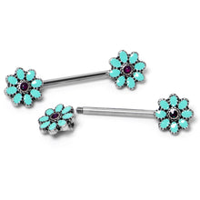 Load image into Gallery viewer, 14G 9/16 Blue Faux Opal Flower Teal Petals Barbell Nipple Ring Set
