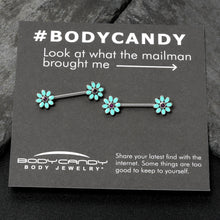Load image into Gallery viewer, 14G 9/16 Blue Faux Opal Flower Teal Petals Barbell Nipple Ring Set

