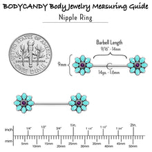 Load image into Gallery viewer, 14G 9/16 Blue Faux Opal Flower Teal Petals Barbell Nipple Ring Set
