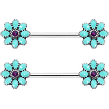Load image into Gallery viewer, 14G 9/16 Blue Faux Opal Flower Teal Petals Barbell Nipple Ring Set
