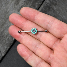 Load image into Gallery viewer, 14G Blue Faux Opal Flower Teal Petals Industrial Barbell 38mm
