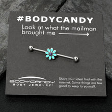Load image into Gallery viewer, 14G Blue Faux Opal Flower Teal Petals Industrial Barbell 38mm
