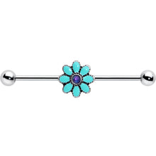 Load image into Gallery viewer, 14G Blue Faux Opal Flower Teal Petals Industrial Barbell 38mm
