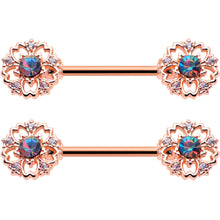 Load image into Gallery viewer, 14G 9/16 Vitrail Gem Rosy Hue Flower Barbell Nipple Ring Set
