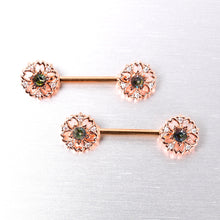 Load image into Gallery viewer, 14G 9/16 Vitrail Gem Rosy Hue Flower Barbell Nipple Ring Set
