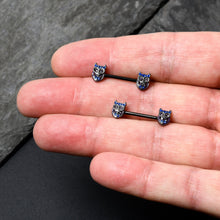 Load image into Gallery viewer, 14G 9/16 Purple Blue Gem Black Opulent Owl Barbell Nipple Ring Set
