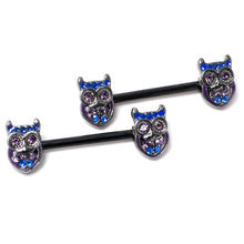 Load image into Gallery viewer, 14G 9/16 Purple Blue Gem Black Opulent Owl Barbell Nipple Ring Set
