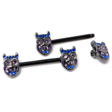 Load image into Gallery viewer, 14G 9/16 Purple Blue Gem Black Opulent Owl Barbell Nipple Ring Set
