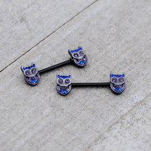 Load image into Gallery viewer, 14G 9/16 Purple Blue Gem Black Opulent Owl Barbell Nipple Ring Set
