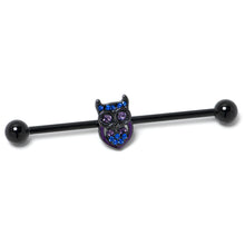 Load image into Gallery viewer, 14G Blue Purple Gem Black Opulent Owl Industrial Barbell 38mm
