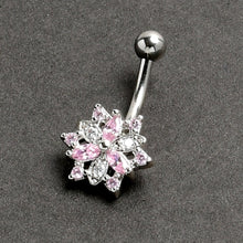 Load image into Gallery viewer, 16G 5/16 Pink Clear CZ Gem Snowflake Style Curved Eyebrow Ring
