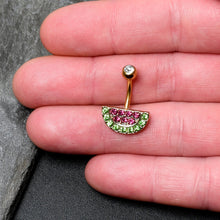 Load image into Gallery viewer, Pink Green Gem Gold Tone Watermelon Yum Belly Ring
