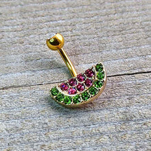 Load image into Gallery viewer, Pink Green Gem Gold Tone Watermelon Yum Belly Ring
