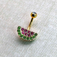 Load image into Gallery viewer, Pink Green Gem Gold Tone Watermelon Yum Belly Ring
