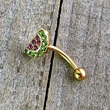 Load image into Gallery viewer, 16G 5/16 Pink Gem Gold Tone Watermelon Yum Curved Eyebrow Ring
