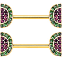 Load image into Gallery viewer, 14G 9/16 Pink Gem Gold Hue Watermelon Yum Barbell Nipple Ring Set
