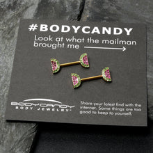 Load image into Gallery viewer, 14G 9/16 Pink Gem Gold Hue Watermelon Yum Barbell Nipple Ring Set
