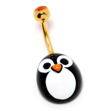 Load image into Gallery viewer, Red Gem Gold Tone Round Face Penguin Holiday Winter Belly Ring
