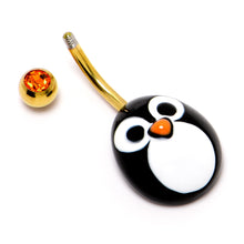 Load image into Gallery viewer, Red Gem Gold Tone Round Face Penguin Holiday Winter Belly Ring
