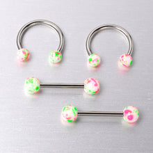 Load image into Gallery viewer, 14G 9/16 1/2 Splatter Green Pink Barbell Horseshoe Nipple Ring Set of 4
