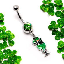 Load image into Gallery viewer, Green Gem Fancy Leprechaun St Patricks Dangle Belly Ring
