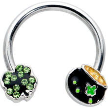 Load image into Gallery viewer, 14G 9/16 Green Gem Shamrock Pot of Gold Horseshoe Nipple Ring Set
