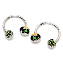 Load image into Gallery viewer, 14G 9/16 Green Gem Shamrock Pot of Gold Horseshoe Nipple Ring Set

