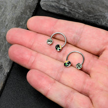 Load image into Gallery viewer, 14G 9/16 Green Gem Shamrock Pot of Gold Horseshoe Nipple Ring Set
