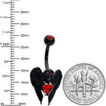 Load image into Gallery viewer, Red CZ Gem Black Heart Winged Skull Gothic Belly Ring
