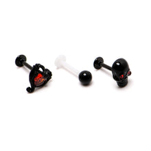 Load image into Gallery viewer, 16G 5/16 Red CZ Gem Black Skull Passion Heart Labret Tragus Curation Set of 3

