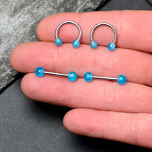 Load image into Gallery viewer, 14G 9/16 Blue Faux Opal Horseshoe Barbell Nipple Ring Set of 4
